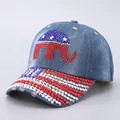 Detail view of denim cap featuring rhinestone American flag and elephant patterns - Dark Blue Elephant