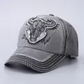 Vintage washed grey cotton baseball cap featuring bull skull embroidery and retro stitching - Adjustable / Black Bull Head Patch