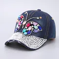 Navy denim baseball cap with colorful rhinestone butterfly and crystal brim for women - Full Rhinestone Brim / Dark Blue Butterfly