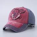 Retro washed denim baseball cap with bull skull embroidery in burgundy and navy blue - Adjustable / Wine Red Bull Head Patch