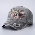 Detail of vintage washed gray cotton baseball cap with shark patch and embroidery - Adjustable / Black Shark Patch