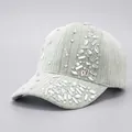 Detail of light green corduroy baseball cap with sparkling rhinestone embellishments - Bean Green - Random Hot Stamping Rhinestones
