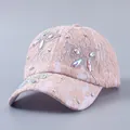 Elegant pink lace baseball cap for women with colorful rhinestone butterfly and curved brim - Butterfly Design / Pink