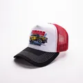 Ρετρό καπέλο trucker με τύπωμα Pomona Raceway και κόκκινο δίχτυ που αναπνέει - POM396-Λευκό + Μαύρο Γείσο