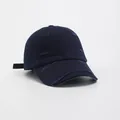 Close-up of distressed vintage navy blue cotton baseball cap with ripped details - Navy Blue