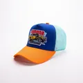 Λεπτομέρεια vintage καπέλου trucker με κέντημα αετού και Pomona Raceway - POM396-Βασιλικό Μπλε + Πορτοκαλί Γείσο