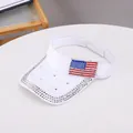White sun visor hat with rhinestones and US flag patch for outdoor summer activities - Adjustable / White