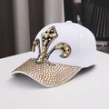 White cotton baseball cap with champagne rhinestone fleur-de-lis and luxury crystal brim - Adjustable / White