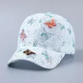 Light blue lace baseball cap with sparkling rhinestones and 3D butterfly decorations - Adjustable / Rhinestone 3D Green Butterfly