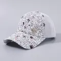 Detail of tweed baseball cap with pink sequins and a rhinestone butterfly metal pin - Adjustable / Sequin Butterfly White Fine Grid