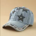 Denim baseball cap featuring black star patches with crystal rhinestones and pearls - Adjustable / Rhinestone Star - Light Blue