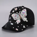 Détails de strass colorés et broderie papillon sur une casquette de baseball en coton noir - Noir(Lisse)