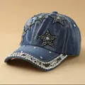 Gorra de béisbol de mezclilla con pedrería brillante y parches de estrellas chic - Ajustable / Estrella Strass - Azul Denim