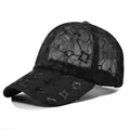Detail of black sequin baseball cap with breathable lace mesh and diamond pattern - Plain Style Without Badge / Black Breathable Lace Plain