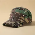 Camo baseball cap featuring sparkling rhinestones and silver star-shaped metal studs - Army Green Camouflage Pentagram Rivet