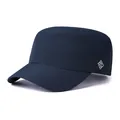 Detailed view of the dark blue cadet cap with white logo and durable textured fabric - Adjustable / Side Printed Style / Navy Blue