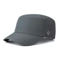 Detailed view of quick-dry fabric texture and silver US RUN logo on dark grey flat top cap - Adjustable / Side Printed Style / Dark Gray
