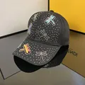 Elegant black cotton baseball cap with rhinestone dragonflies and 3D colorful patches - Adjustable / 3D Dragonfly - Black