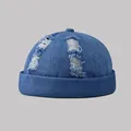 Minimalist blue washed denim docker hat with distressed ripped detailing and brimless design - Adjustable / Dark Blue