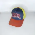 Detailansicht der dreifarbigen Trucker-Cap mit Station-Stickerei und atmungsaktivem Netz - Verstellbar / Blau Orange Gelb Kontrast Stil (9#)