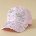 Pink floral lace baseball cap with rhinestone butterflies and sparkling gemstones - Adjustable / Pink