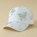 Elegant white lace baseball cap with butterfly rhinestone design and mesh back - Adjustable / White