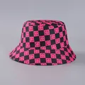 Pink and black checkerboard bucket hat with smiley face print for street style fashion - Pink Black Checkerboard Smiley (28#)