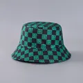 Green and black checkered bucket hat featuring minimalist smiley face patterns - Green Black Checkerboard Smiley (29#)