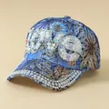 Detail of blue floral baseball cap with pearl LOVE letters and rhinestone brim - Adjustable / Love-Blue