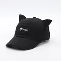 Detail of black cotton baseball cap featuring plush cat ears and Hand Made label - Adjustable / Black