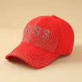 Detail of red baseball cap featuring sparkling rhinestones and KISS letter design - Adjustable / Kiss-Red