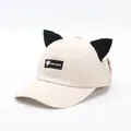 Minimalist cat ear baseball cap in beige cotton with Hand Made embroidered patch - Adjustable / Beige