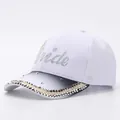 Detailed macro of white Bride baseball cap with rhinestones and gradient visor - Adjustable / Gradient Letter White