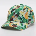 Detail of tropical fruit print baseball cap featuring yellow bananas and green palm leaves - Adjustable / Coconut Banana (Light Blue Base)