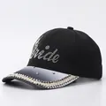 Detail of rhinestone 'Bride' lettering and gradient brim on a black baseball cap - Adjustable / Gradient Letter Black
