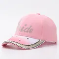 Close-up of pink gradient baseball cap with rhinestone Bride text and glitter brim - Adjustable / Gradient Letter Pink