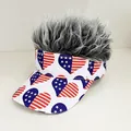 Visor baseball cap with grey wig hair featuring USA flag heart print for costume events - Adjustable / American Flag Heart - Gray Hair