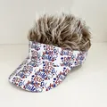 US Flag design visor with brown synthetic hair wig and RED White & cute print art - Adjustable / Letter Print - Brown Hair