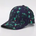 Detail of navy canvas baseball cap with green cactus prints and curved brim - Adjustable / Cactus 3 (Deep Blue Base)