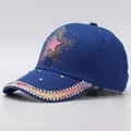 Blue rhinestone baseball cap featuring pink star pattern and sparkling gradient glitter - Adjustable / Gradient Royal Blue