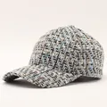 Close-up detail of luxury tweed baseball cap showing blue and gold weave texture - Adjustable / Thin Striped Gray Blue