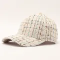 Detailed texture of tweed baseball cap with gold metallic threads and soft pastel weaving - Adjustable / Large Plaid Khaki