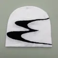 White jacquard knit beanie with black abstract pattern, cozy winter skull cap for women - One Size / White Black Jacquard