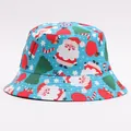 Cucitura dettagliata sulla tesa del cappello a secchiello blu con stampa natalizia festiva - M (56-58cm) / Babbo Natale blu