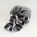 Camouflage visor hat with grey hair wig attached, featuring wide brim and street style design - Adjustable / Camo - Gray Hair