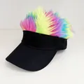 Black visor hat with colorful pink, yellow and cyan wig hair for party and street style - Adjustable / Solid Black - Multicolor Hair