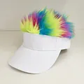 White sun visor baseball cap with colorful fuzzy synthetic wig for party styling - Adjustable / Solid White - Multicolor Hair