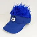 Blue American flag wig visor cap featuring fuzzy synthetic hair and embroidered eyes - Adjustable / Blue Penguin - Blue Hair