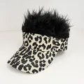 Visor hat with leopard print canvas and black faux hair top for outdoor parties - Adjustable / Leopard - Black Hair