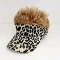 Leopard print visor hat with synthetic golden brown wig hair extension attached - Adjustable / Leopard - Brown Hair